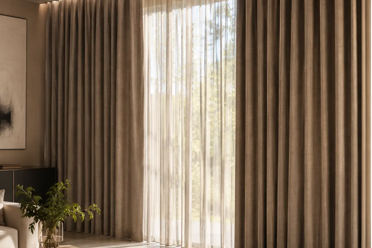 Layered custom ripple-fold drapery in a refined modern interior
