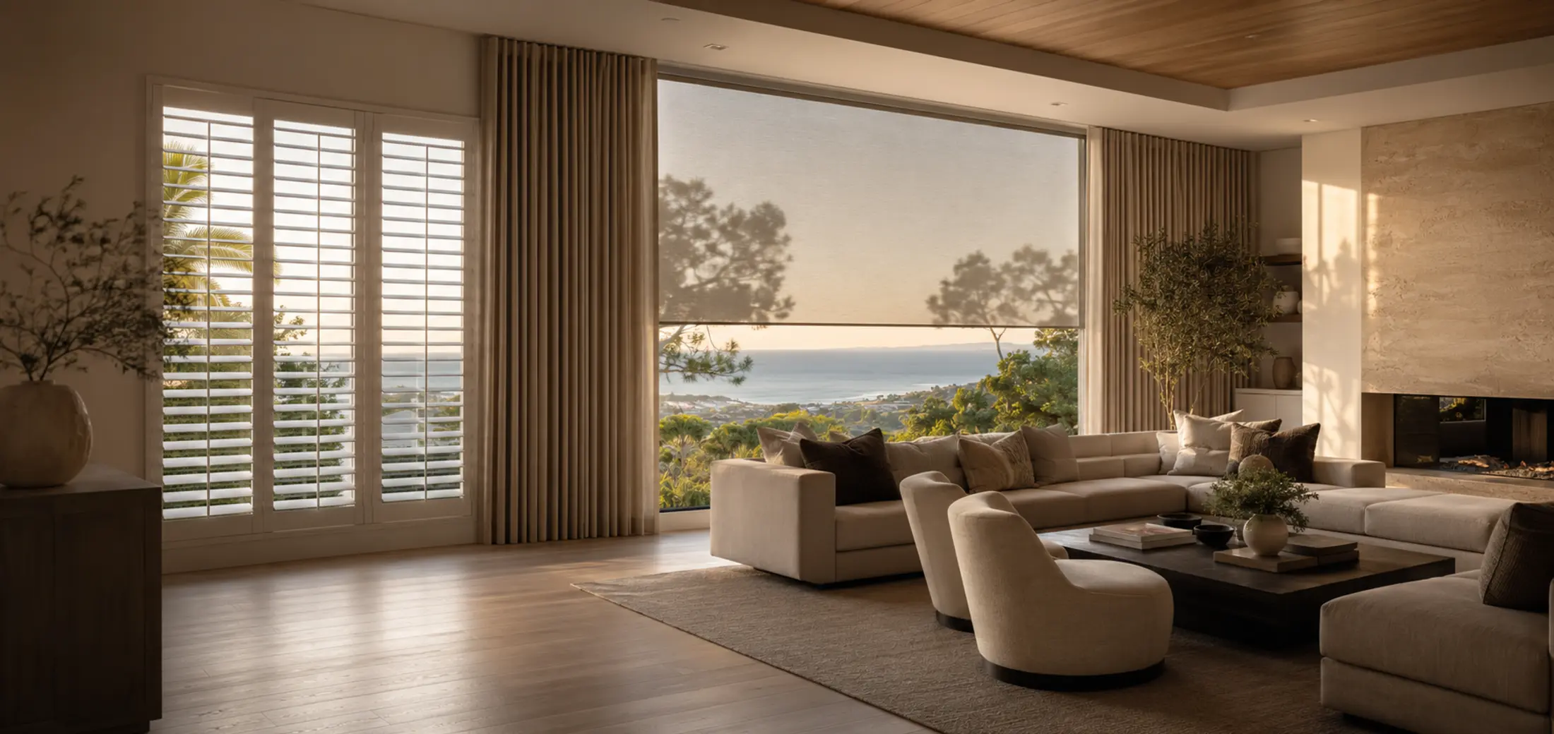 Luxury living room with custom plantation shutters