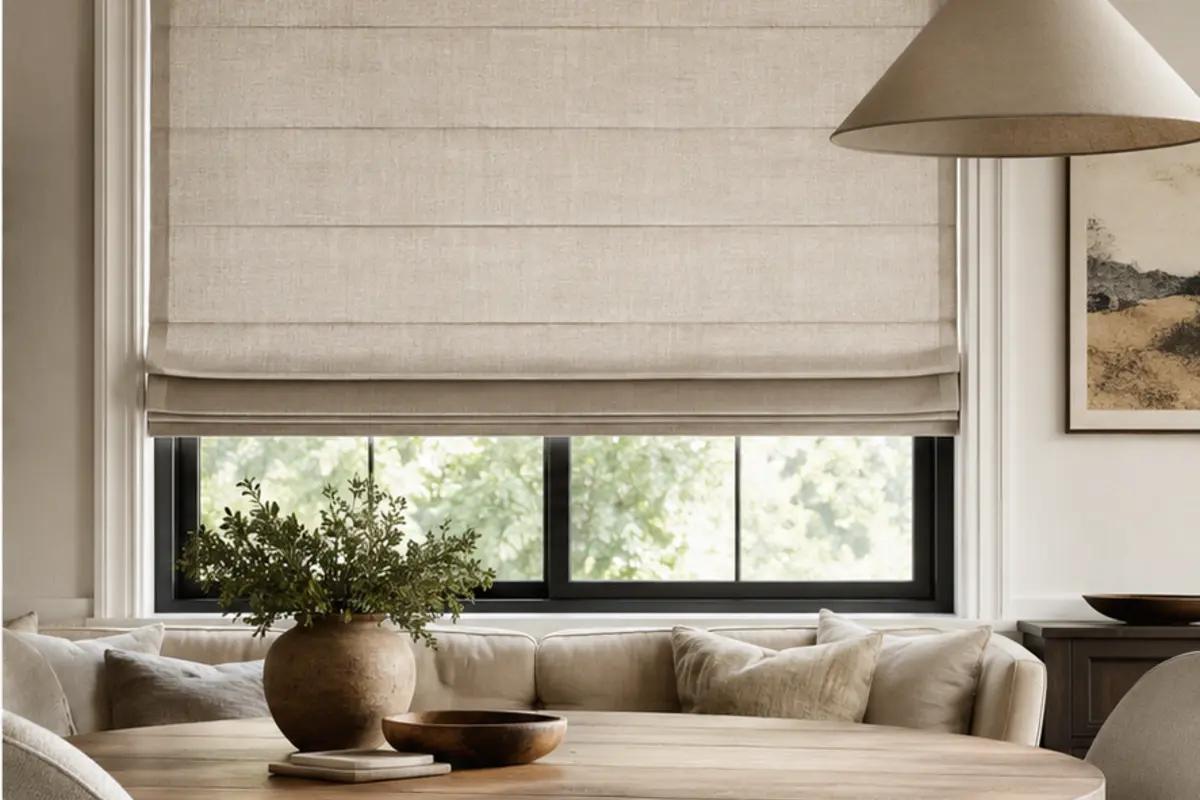 Tailored linen Roman shade in a warm contemporary dining room