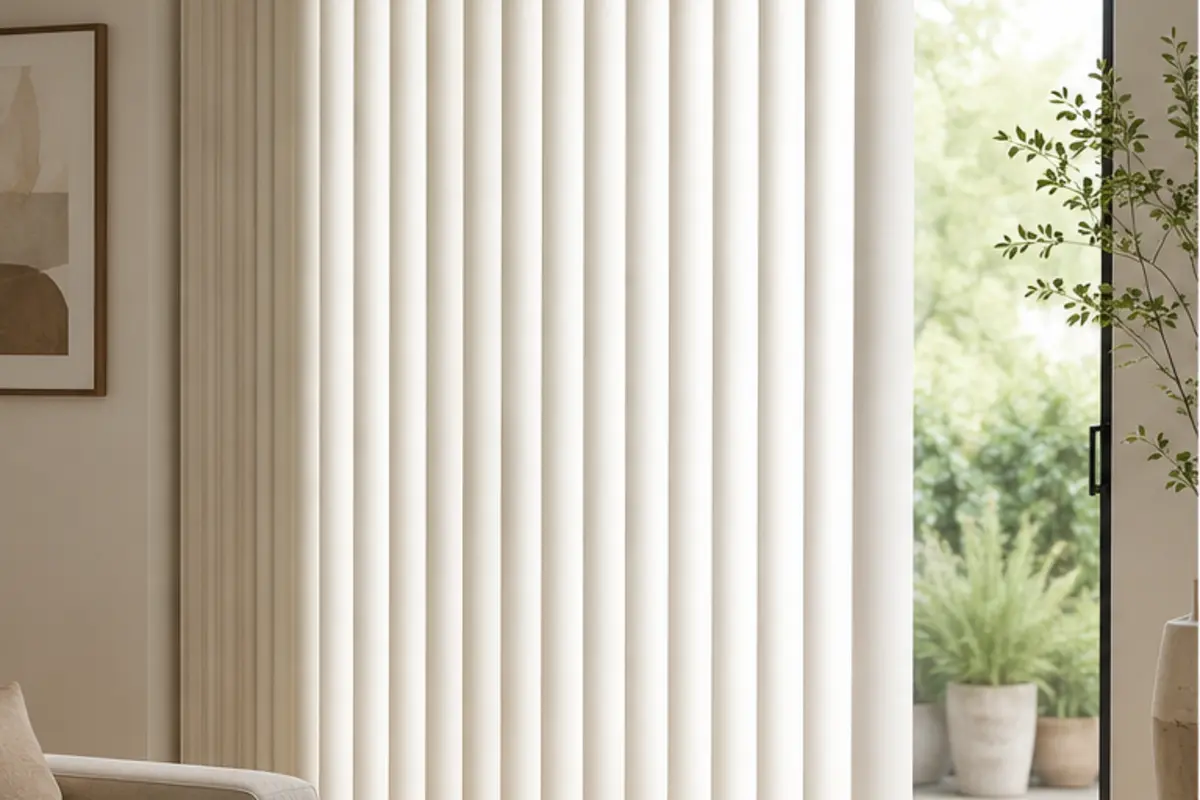 Custom vertical shades across a wide sliding glass door