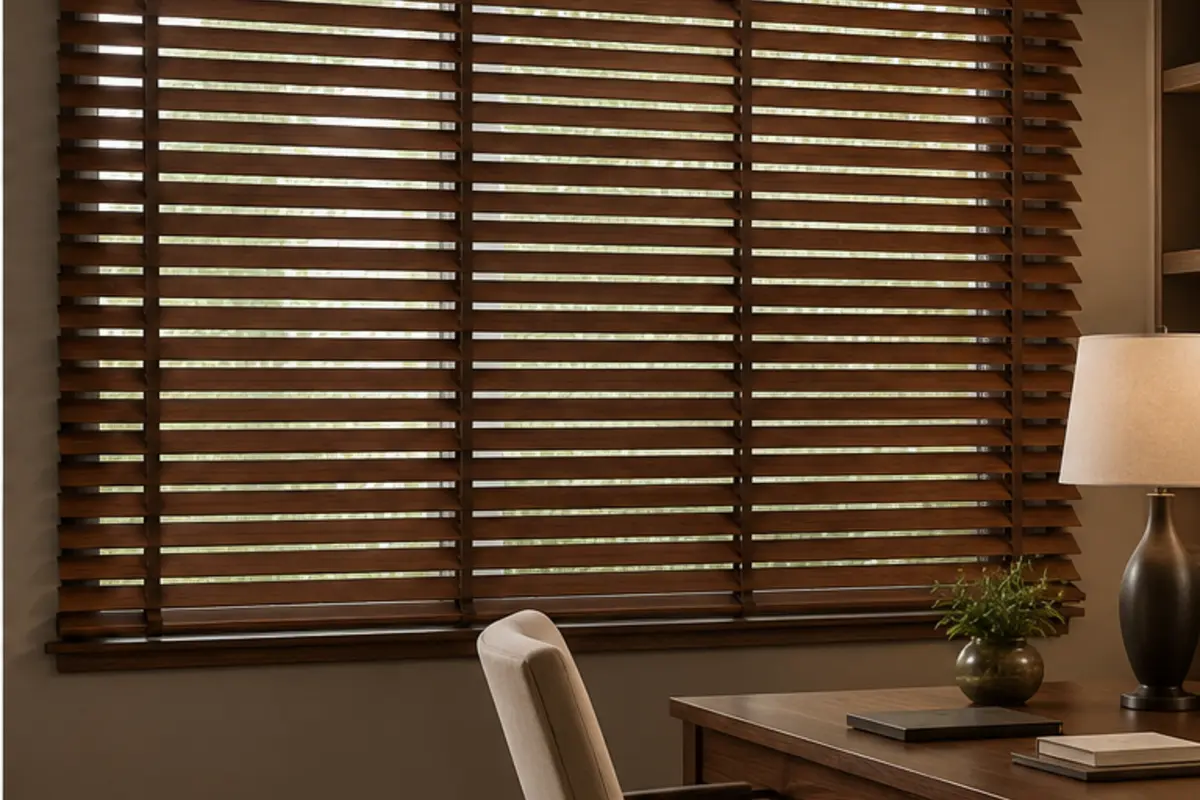 Custom walnut wood blinds with a tailored valance